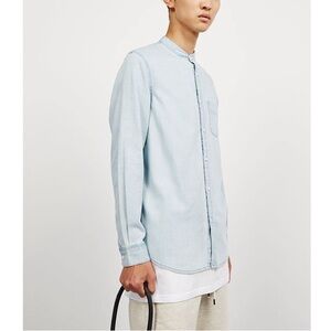 Bershka Men Blue Soft Chambray Collarless Button Down Long Sleeve Shirt MEDIUM